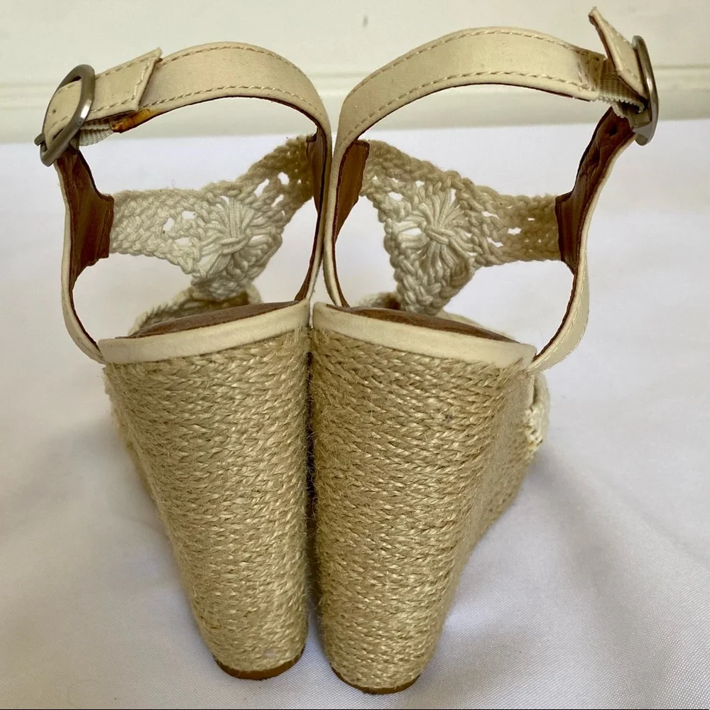 Lucky Brand Cream Crochet Espadrille Wedge Sandals Size 8 Boho Platform Open Toe